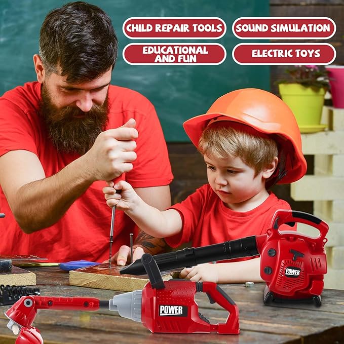 3 Pcs Toy Gardening Tool Set for Kids Toy Leaf Blower Weed Trimmer Push Lawn Mower Pretend Play Set with Lights and Sounds Christmas Birthday Gifts for Boys Girls