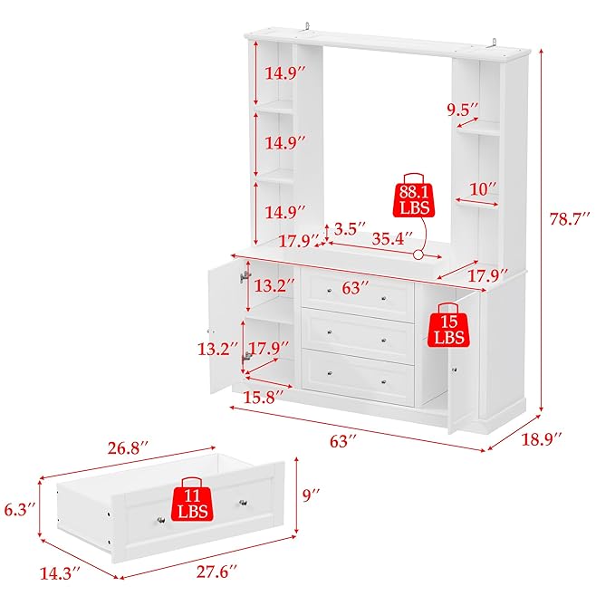 WOODTIME 78.7" Tall Changing Table Dresser with Drawers, Open Shelves and Doors, Multi-Functional Baby Nursery Dresser with Changing Table Top, Versatile Storage Cabinet for Nursery, White