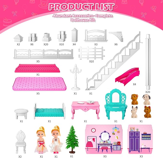 DIY Dollshouse for Girls 4-8 - 2-Story House with 3 Themed Rooms, 2 Dolls, 4 Dogs, Slide & Yard - Dolls House Toys for Imaginative Play