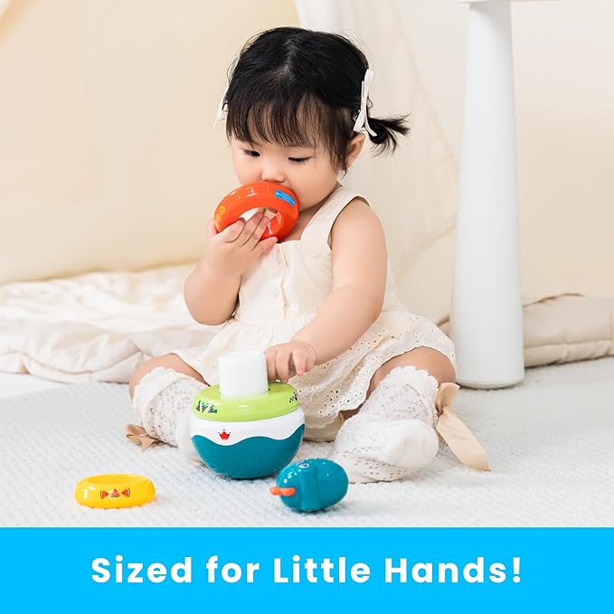 PlenPLAY Baby Tummy Time Toys - Dino Stacking Toys for Age 6+ Months, Weeble Wobble Toys for Babies 6 9 12 Months, Stacking Rings STEM Learning Toy, Sensory Learning Toy (Dinosaur), Small, Blue