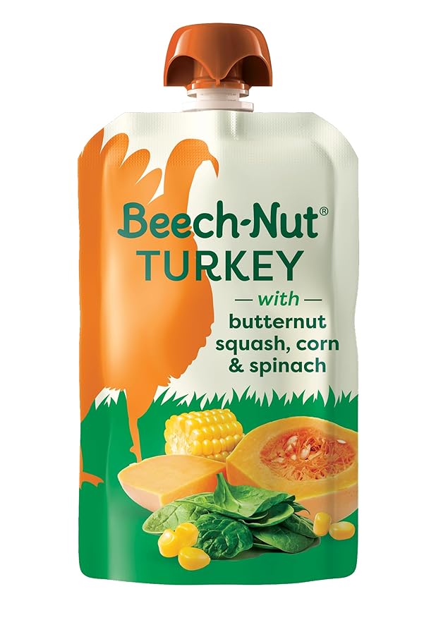 Beech-Nut Turkey Baby Food Pouches with 4g of Protein, Turkey Butternut Squash Corn & Spinach, Baby Puree Meat Baby Food Pouch, Stage 2, 3.5 oz Pouch (12 Pack)