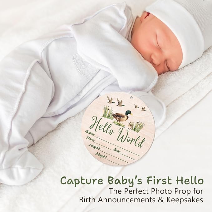 Mallard Duck Baby Announcement Sign, Hello World Newborn Sign, 6.7 Inch Round Wooden Name Sign for hospital, With Ink Pad for Hand and Footprints, Marker Pen, Baby Photo Prop & Keepsake