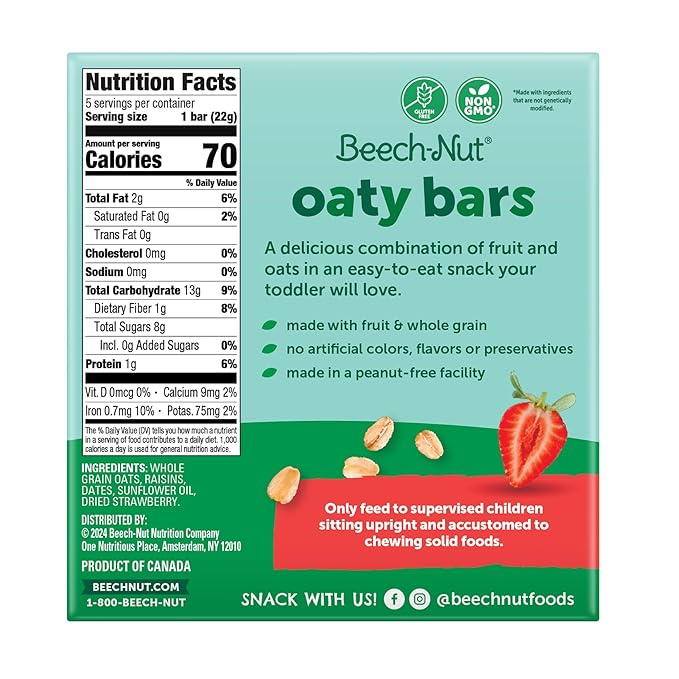 Beech-Nut Toddler Snacks Oaty Bars Granola Bars for Babies & Toddlers, Fruit & Whole Grain Strawberry Snack Bar, Gluten Free Toddler Snack, 6 Boxes (30 Individually Wrapped Bars)