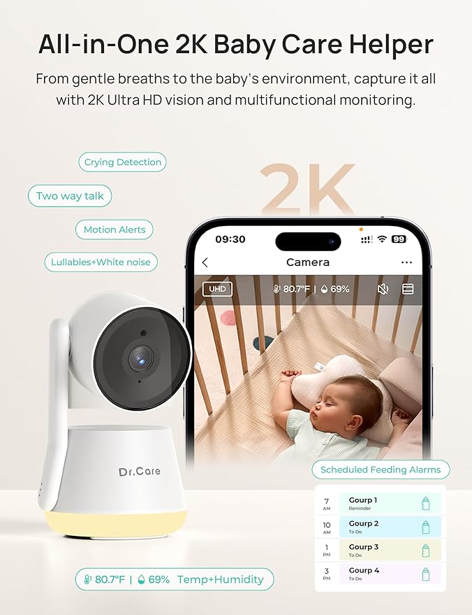 Dr.Care LumiView Smart WiFi Baby Monitor - 5" 1080P FHD & 2K Camera App Control, Privacy Mode, 5000mAh Removable Battery,Cry & Motion Alerts, HD Night Vision, RGB Night Light, Multi-User, 1279ft Range