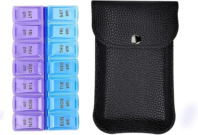 VOFOON Travel Pill Organizer 2 Times a Day, PU Leather Portable Pill Case for Women/Men, 7 Day AM PM Pill Box with Travel Pouch Medicine Organizer for Vitamins Medicine Fish Oils Supplements (Small)