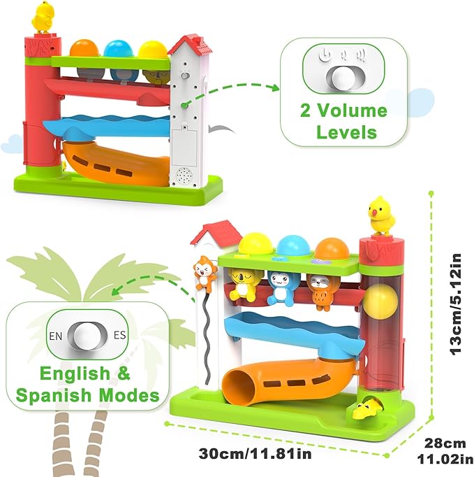 Toddler Musical Toys for 1+ Years Old Boy,Motor Skills Developmental Baby Toy 12-18 Months,Bilingual Toddler Learning Ball Drop Toy， Birthday Gift Toys for 1 2 Year Old Boys & Girls(Green)