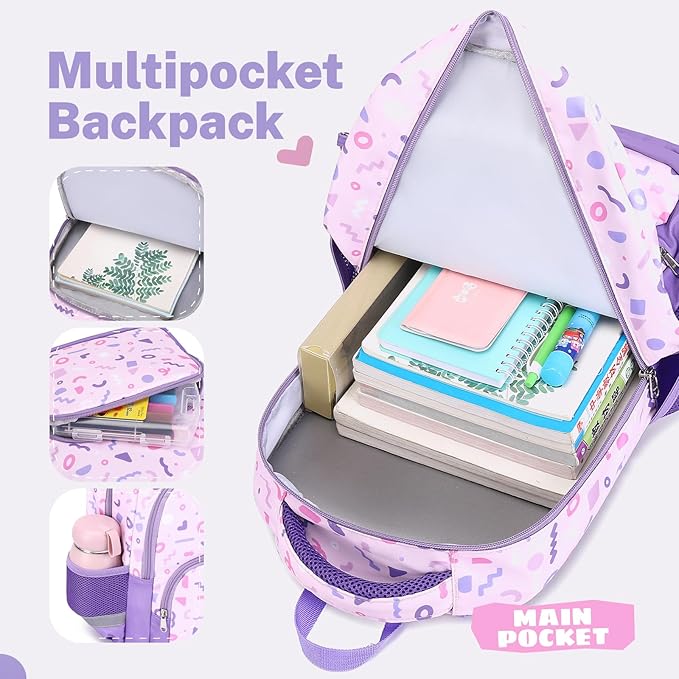 mygreen 3PCS Kids Backpack Set - Waterproof Bookbag with Lunch Box for Girls Ages 3-12, Adorable Cartoon Prints for School & Outdoor Use Pink Strawberry