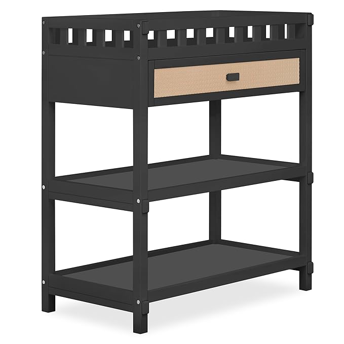 Dream On Me Doula Changing Table in Matte Black – JPMA & GREENGUARD Gold Certified, Enclosed Dressing Area for Safety, Two Spacious Storage Shelves & A Closed Drawer, Converts to Nightstand