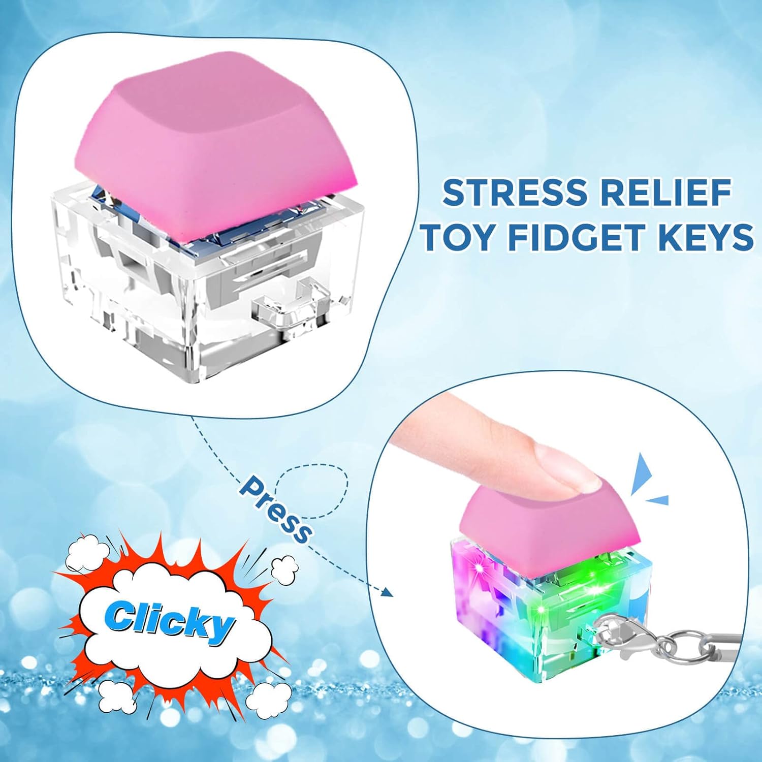 Keyboard Fidget Toys, Keyboard Fidget Keychain Keyboard Decompression Toys Keyboard Fidget Toy Button Stress Relief Gifts for Adult and Kids,Finger Clicker Toys,ADHD Toy,Cool Fidgets(LED Light-Pink)