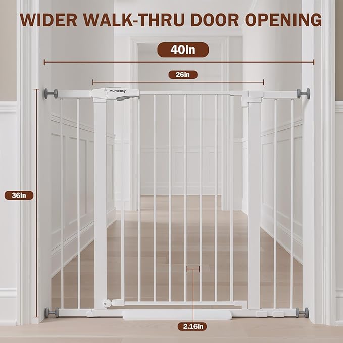 Mumeasy 36" Extra Tall Baby Gate for Stairs and Doorways, 26-40" Auto Close Dog Gate Indoor, Easy Install Pressure Mounted Pet Gate, Safety Baby Gates with Door for Child and Pets