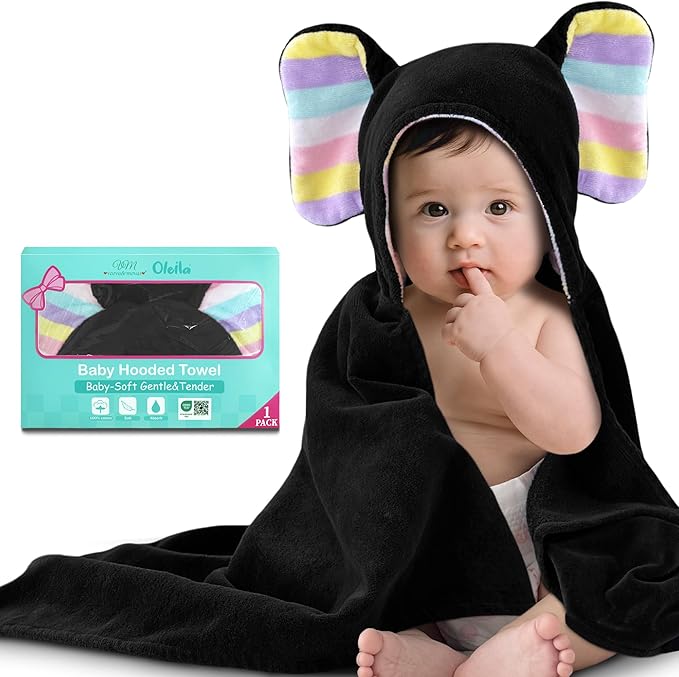 VOOVA & MOVAS Thick Baby Hooded Bath Towel - 100% Cotton,500GSM, 33x31.5 Inches,0-2Years, Super Absorbent Large Towel with Cute Elephant Ears Hood for Newborn, Baby, Infant, Black