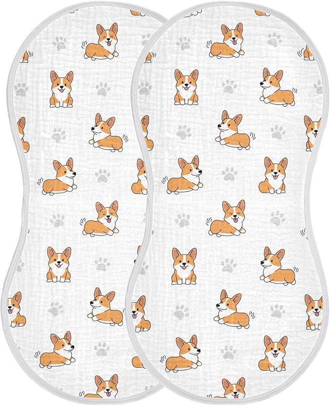 2 Pack Muslin Burp Cloths Cute Corgi Dogs White Cotton Baby Burp Cloths Extra Absorbent and Soft Thick Burping Cloth for Newborn Boys Girls 22x11 Inch
