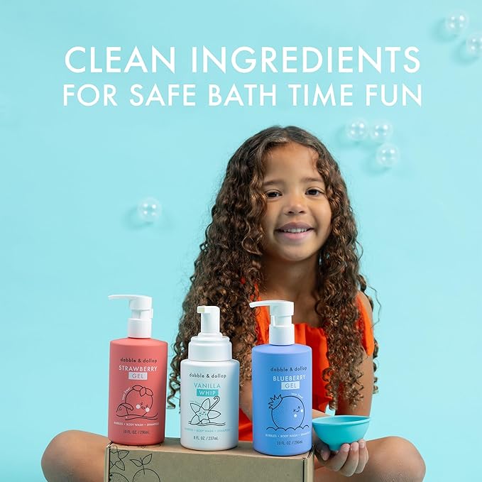 Dabble & Dollop USA Bundle, 3-in-1 Natural Bubble Bath, Body Wash & Shampoo for Kids, Paraben & Sulfate Free, Vegan, Tear-Free, Strawberry, Vanilla & Blueberry (Set of 3)