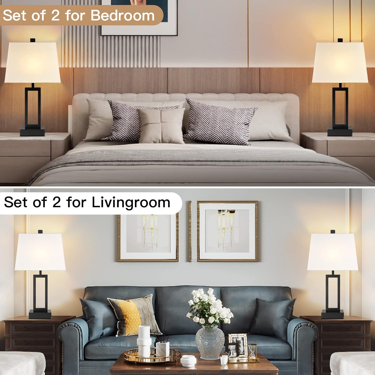 23.5" Touch Control Table Lamps Set of 2, Bedside Lamp with 2 USB Ports & AC Outlet, 3-Way Dimmable Nightstand Lamp with White Linen Shade for Living Room Bedroom End Table Office(2 LED Bulb Included)