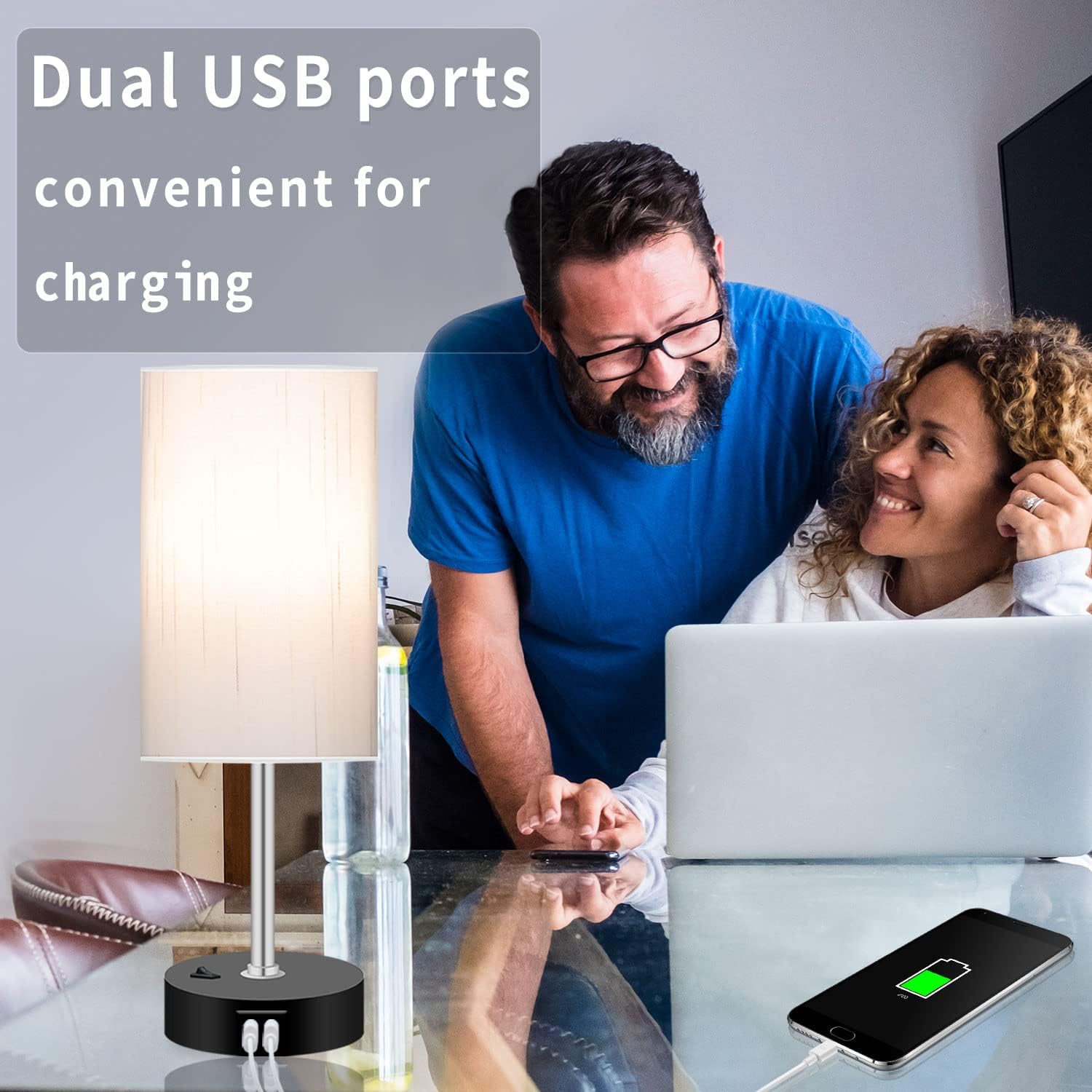 Bedroom Lamp with Smart RGB LED Bulb, Multicolor Changing Table Lamp for Bedroom with 2 USB Port, Dimmable Bedside Lamp Work with Alexa, Smart Nightstand Light for Living Room Sync with Music(2.4GHz)