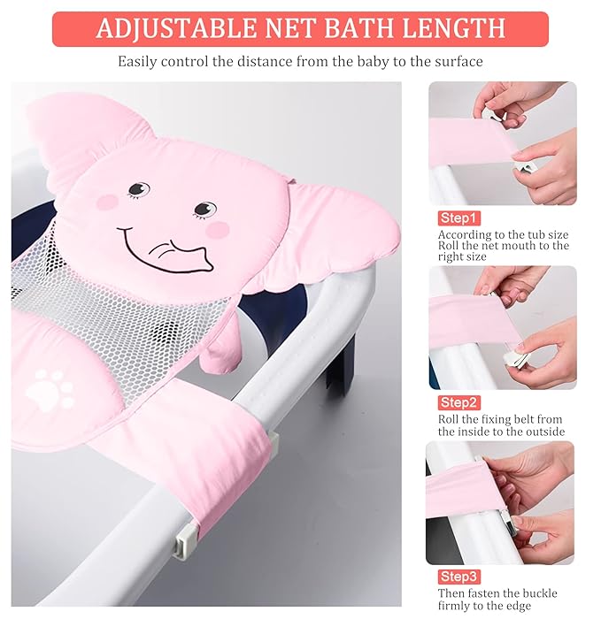 AIR&TREE Baby Bath Seat Support Net, Quick Drying, Adjustable, Comfortable, Non-Slip, Infant Bathtub Sling Shower Mesh for a Tub, with Safety Support Corners (Pink)