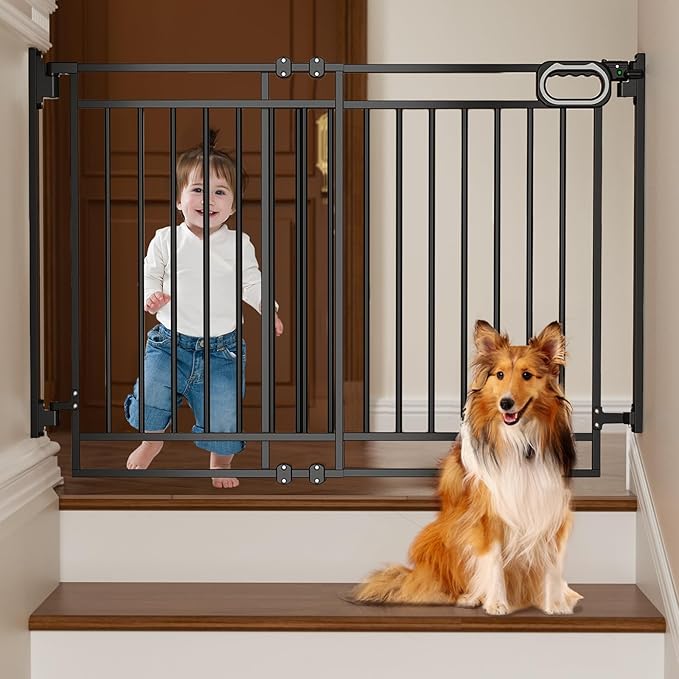 Grownsy No Bottom Bar Baby Gate for Stairs, Adjustable Width 29.8” to 43.5” for Child and Pet, Dog Gate with Auto-Close & Walk Through, Hardware-Mounted Install for Doorways and Indoor Use,Black