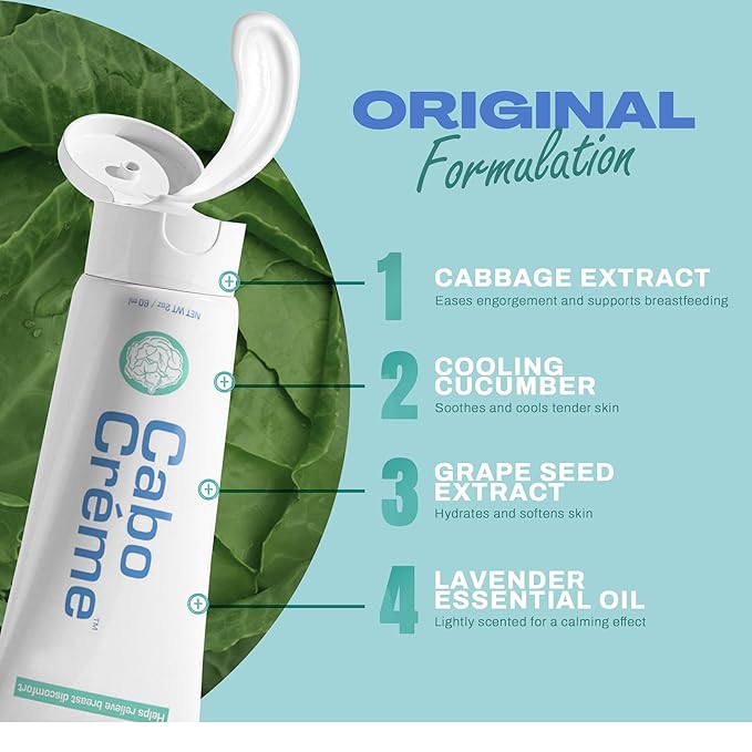 CaboCréme Cabbage Breast Cream for Tenderness & Engorgement Relief, Breastfeeding Weaning Support - Dry Up Breast Milk - Postpartum Essential - OB-GYN Created & Breastfeeding Mother-Approved - 2 oz
