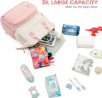 LOVEVOOK Diaper Bag Backpack, Baby Bag with Changing Station, Large Diaper Backpack for Moms Dads, Waterproof Leather Accents Baby Boy and Girl Bag for Travel Baby Essentials, Pink-Beige