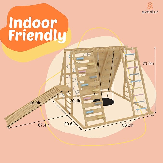 Avenlur Sweetgum Indoor Wooden Playset, 8-in-1 Climber with Rock Wall, Slide, Monkey Bars, Swing, Ages 2-6 Years