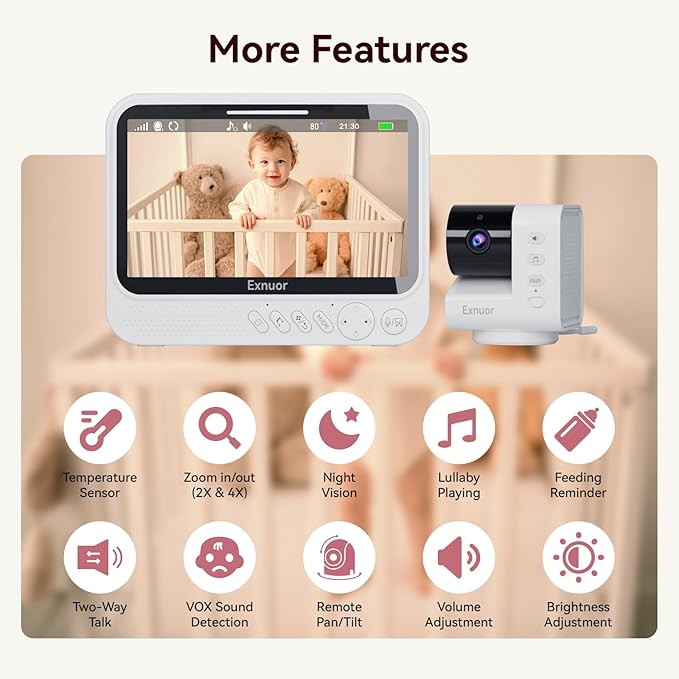 No WiFi Baby Monitor, 7" IPS Screen, 720p Baby Monitor with Camera and Audio, 5000mAh Battery, 1000ft Range, 6 Lullabies & 2 White Noise, VOX, Temperature Sensor, Night Vision, 2-Way Talk