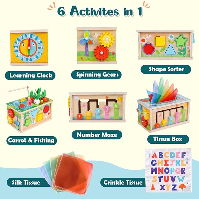 Ancaixin 6-in-1 Montessori Tissue Box Toy for 6+ Months Baby, Wooden Activity Cube, Puzzles 12-18 Months, Perfect 1 Year Old Girl Boy Gifts, Sensory Toys for Toddlers 1-3, Baby 1st Birthday Gift