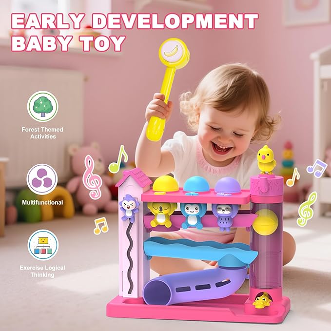 Toddler Musical Toys for 1+ Years Old Girls,Fine Motor Skills Developmental Baby Toy 12-18-24+ Months,Bilingual Toddler Learning Ball Drop Toy,Infant Birthday Gifts Toys for 1 2 Year Old Girl(Pink)