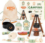 Kids Camping Toys Set - Pretend Play Camping Set with Food Toy, Spray Stove, Oil Lantern, Binoculars, Compass, Tableware, Watch & Storage Bag, Birthday for Ages 3+
