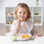 Bumkins Toddler Utensils, Kids Size Fork and Spoon Set, Silicone and Stainless-Steel Training Silverware, Angled Forks/Sporks for Self-Feeding, Children Hold Learning to Eat, 18 Mos Up, Sand Beige