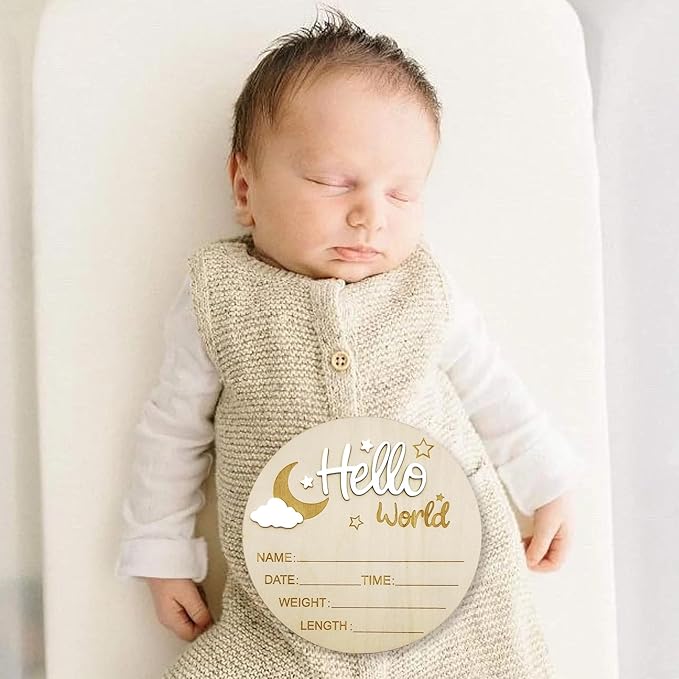 Baby Announcement Sign, 5.9 Inch Wooden Hello World Newborn Signs, Birth Announcement Sign and Pen, Moon and White Cloud Decoration, Welcome Newborn Arrival to World, Hospital Nursery for baby (White)