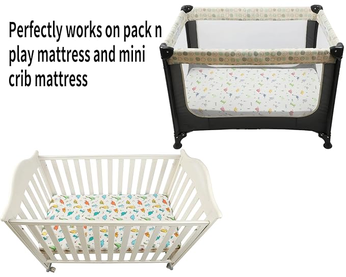 Onacosht Pack n Play Sheets 2 Pack for Baby Boy, Stretchy Jersey Knitted Portable Mini Crib Sheets Playard Mattress Cover, Dinosaur Printing