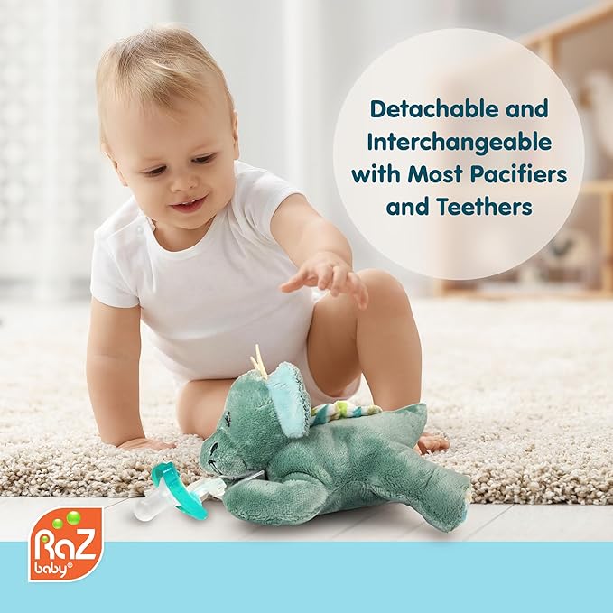 RaZbaby JollyPop Pacifier, Holder w/Detachable Baby Pacifier, Stuffed Animal RaZbuddy, All Ages 0M+, 100% Medical Grade USA Made Silicone, Machine Washable, Textured & Easy to Hold – Dragon