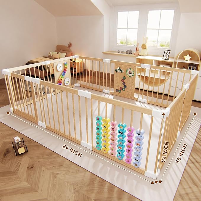 Baby Playpen - Adjustable Multi-Shape Wooden Play Yard, Portable Collapsible Activity Center with Baby Fence Play Area & Toys for Infants, Toddlers (56x84x24inch)