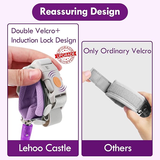 Lehoo Castle Toddler Leash, 4.9ft Kid Leash Wrist with Induction Lock, Anti Lost Wrist Link for Toddlers, Reflective Leash for Kids, Child Leashes for Toddlers (Purple)
