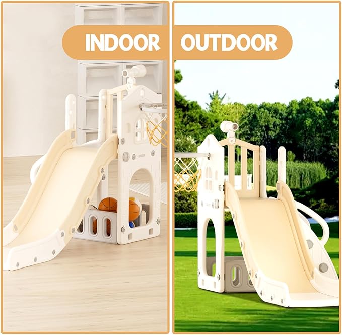 XJD 5 in 1 Toddler Slide, Kids Slide for Toddlers Age 1-3, Outdoor Indoor Playset for Toddlers with Basketball Hoop and Ball, Storage Space and Non-Slip Steps Telescope (Beige)