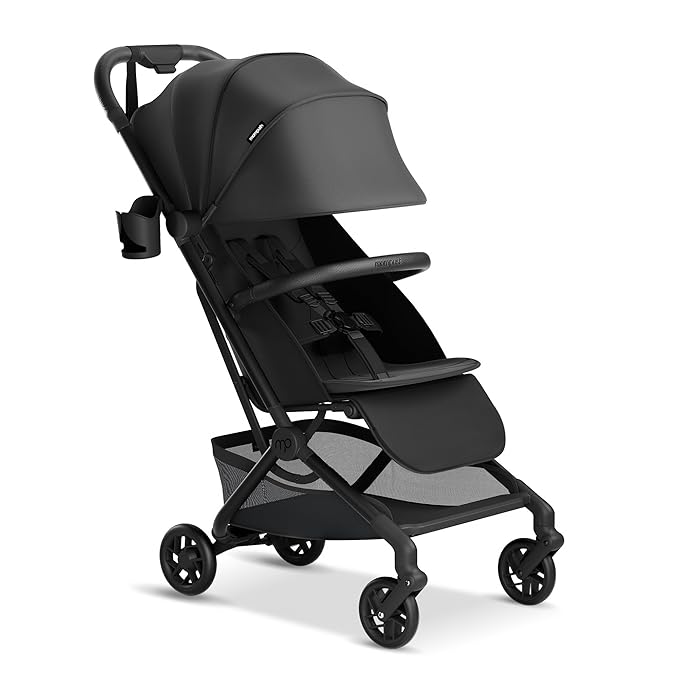 Mompush Velo Lightweight Travel Stroller – One-Hand Fold, Ultra-Compact & Airplane Friendly, Lie-Flat Recline Seat (from Birth to 50 lbs), Includes Cup Holder, Shoulder Strap, and Leather Bumper Bar
