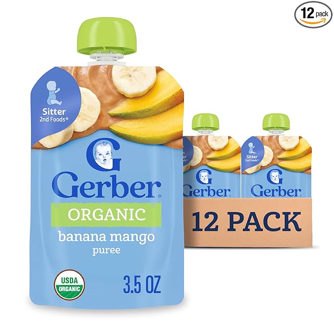 Gerber Stage 2 Baby Food, Organic Banana Mango Puree Pouch, 2 Servings of Fruit, No Added Sweetener, No Artificial Colors or Flavors, 12-Pack