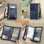 CONTACTS Passport Wallet Leather Family Passport Holder for 4 Travel Documents Organizer RFID Blocking Zipper Blue Card Wallet with 13 Card Slot