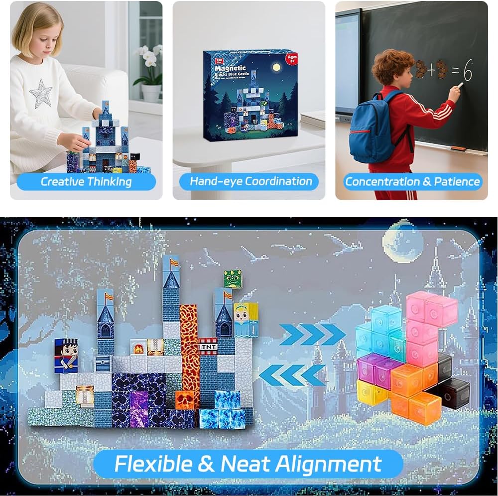 Magnetic Building Blocks for Kids, 100PCS Magnet Blocks Set, 3D Tiles Building Cubes Constructions Toys for Boys & Girls Ages 3+, STEM Sensory Educational Stacking Toy Gift for Toddlers