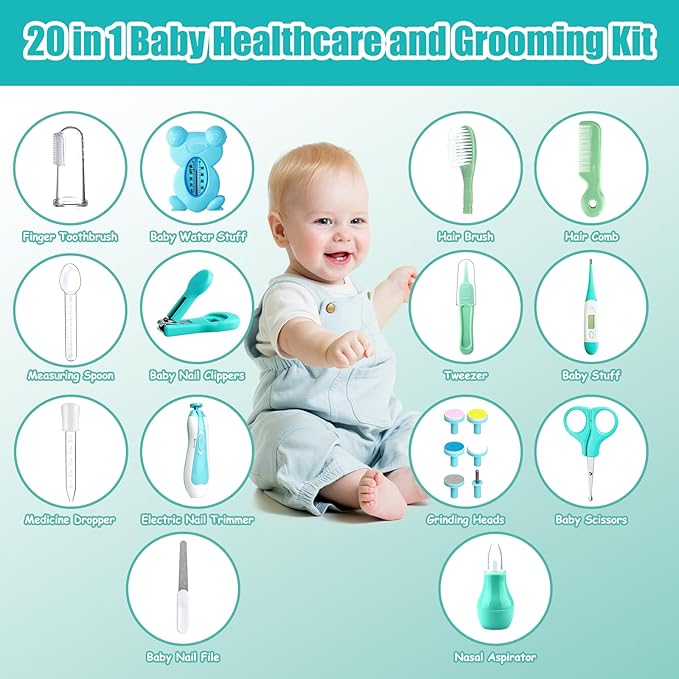 Baby Healthcare and Grooming Kit, 20 in 1 Portable Baby Safety Care Set with Hair Brush Comb Nasal Aspirator Electric Nail Trimmer Set Baby Essentials kit for Newborn Boys Girls (Green 20 in 1)