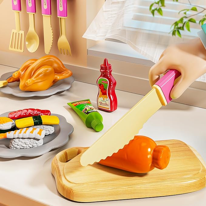 Pretend Play Kitchen Toys for Kid Ages 2-6 4-8, 2 Sided Kitchen Toys with Light, Sound and Spraying, Sink Toy Accessories, Cooking Stoves, Food Toys for Toddlers 1-3 3-5 Boys Girls 6-12 (Pink)