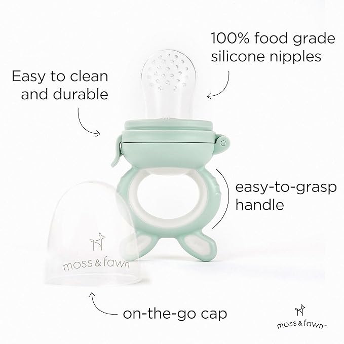 Moss and Fawn Little Explorer Kit - Silicone Frozen Breast Milk Popsicle Kit with Forage Feeder, Teething Popsicle Ice Cube Tray, & Gather & Roll Baby Feeding Bib - BPA, PVC, & Lead-Free - Fern