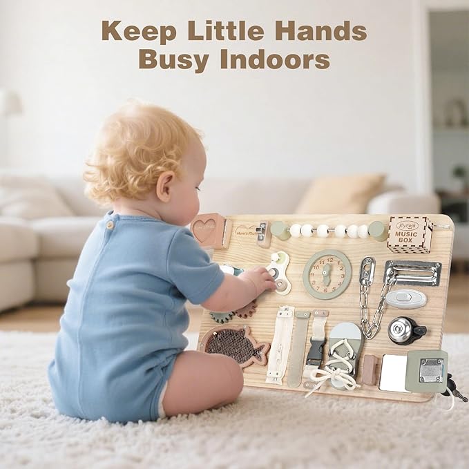 Joyreal Montessori Large Busy Board with Stand, Montessori Sensory Toys for Fine Motor Skills, Wooden Fidget Activity Board for Toddlers, Gifts for Boys Girls (Large Neutral)