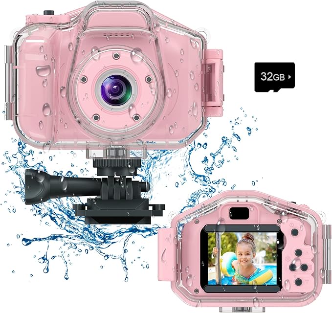 Agoigo Kids Waterproof Camera - Children Underwater HD Video Digital Camcorder, Portable Travel Toy for Toddler - Ideal Christmas Birthday Gifts for Boys Girls Age 3-12 with 32GB Card (Pink)