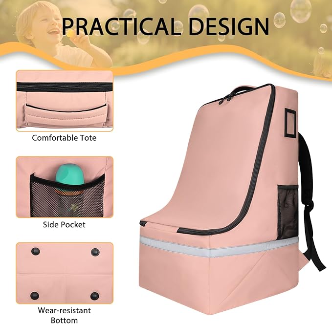 Car Seat Travel Bag for Airplane,Infant Seat Travel Bag with Shoulder Strap,Padded Car Seats Backpack with Reflective Stripes,Large Carseat Carrier Bag Travel Car Seat Cover,Flesh Pink