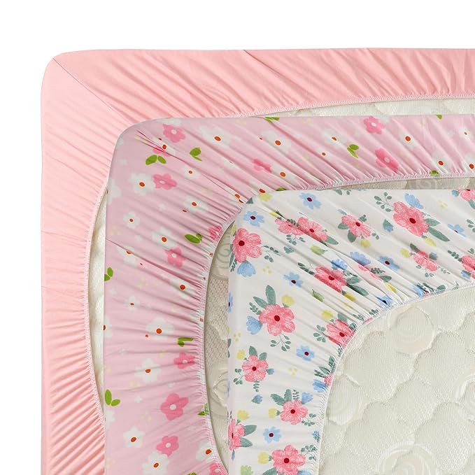 Onacosht Pack n Play Sheets 3 Pack Fitted for Baby Girl, Stretchy Jersey Knitted Portable Mini Crib Sheets Playard Mattress Cover, Pink Floral