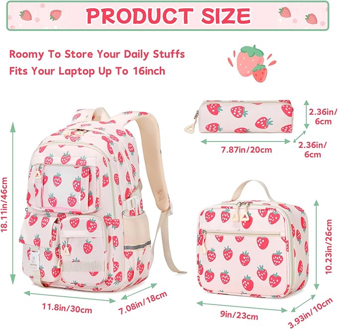 Backpack for Girls 3pcs Set Kids Backpack with Lunch Box Students Kawaii Book Bag for Elementary Primary Middle School Bags - Ita Backpack - Strawberry