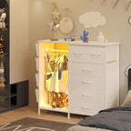 6 Drawer Dresser for Bedroom with Clothes Rack, Clothes Dresser with Side Pockets and Hooks, Charging Station & LED Lights, Wooden Top, Fabric Storage (White)