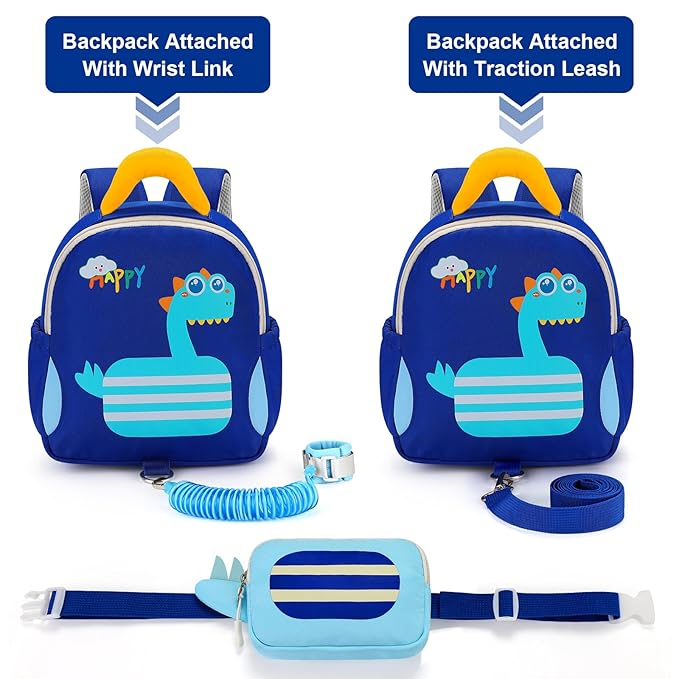 Accmor Toddler Leash Backpack with Anti Lost Wrist Link, Cute Dinosaur Bag with Removable Little Pouch Children Safety Walking Harness, Kids Travel Essential Mini Back Pack with Tether for Baby Boys