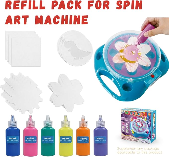 Spin & Paint Refill Pack is for the Wings Giant Spin Art Machine, 5 x Small Cards - 10 x Large Cards for Origami - 5 x Flower Cards - 5 x Gear Cards - 5 x Dinosaur Cards - 6 x Bottles of Colored Paint